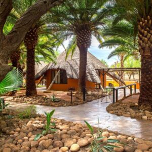 Omaruru Game Lodge: Lodgegebäude und Palmen
