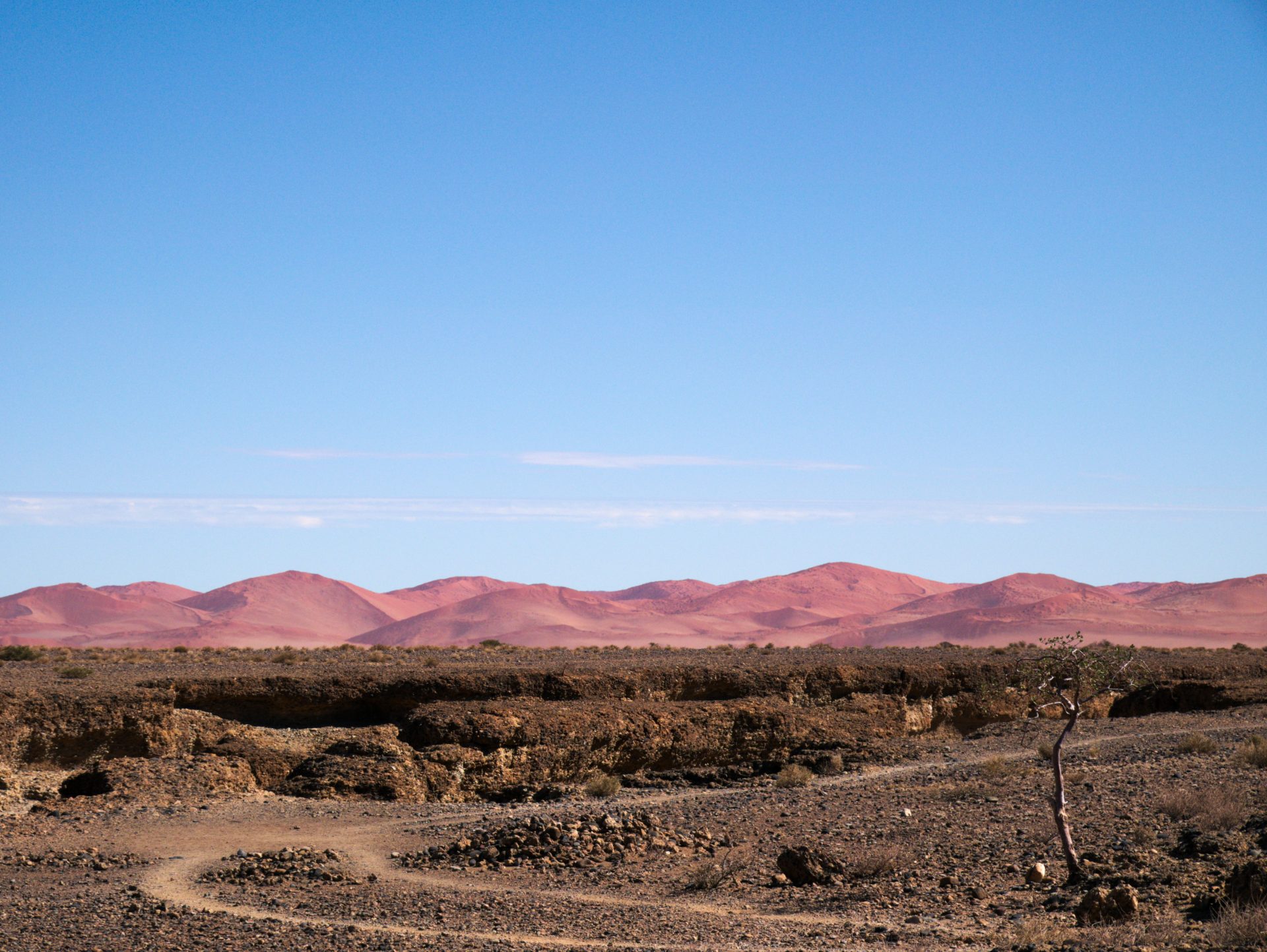 Der Rand des Sesriem Canyon mit roten Dünen der Namib in der Ferne